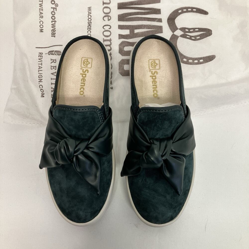 Spenco Suede Clogs Orthotic Navy Blue Twisted Bow Mule Slip On Shoes NEW 6.5B